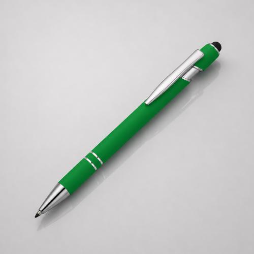 Ручка металлическая soft-touch шариковая со стилусом Sway, зеленый/серебристый