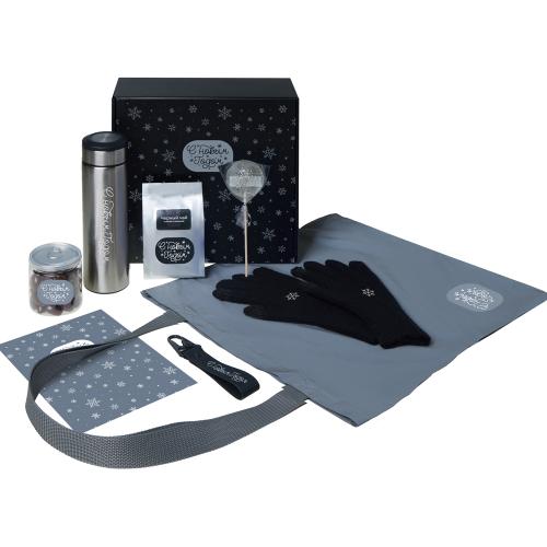 Подарочный набор с перчатками, термосом и чаем, черный