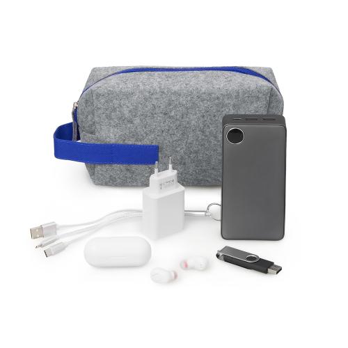 Органайзер для электроники и проводов Felt из RPET-фетра с ручкой, серый с синим