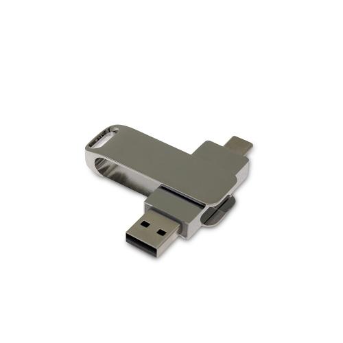 USB-флешка на 16 Гб поворотный механизм 2 в 1, c дополнительным разъемом Type-C с одноцветным металлическим клипом, серебристый