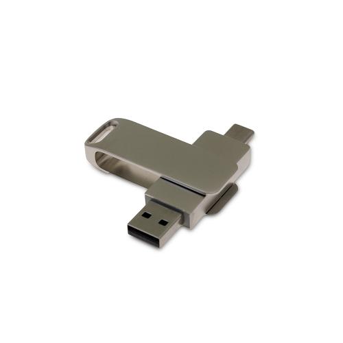 USB-флешка на 32 Гб поворотный механизм 2 в 1, c дополнительным разъемом Type-C с одноцветным металлическим клипом, серый