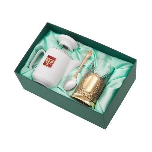 Чайный набор с подстаканником и фарфоровым чайником ЭГОИСТ-Л, золотистый/белый