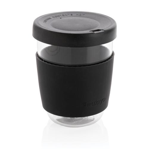 Стакан из боросиликатного стекла Ukiyo с силиконовой крышкой и держателем - черный; 