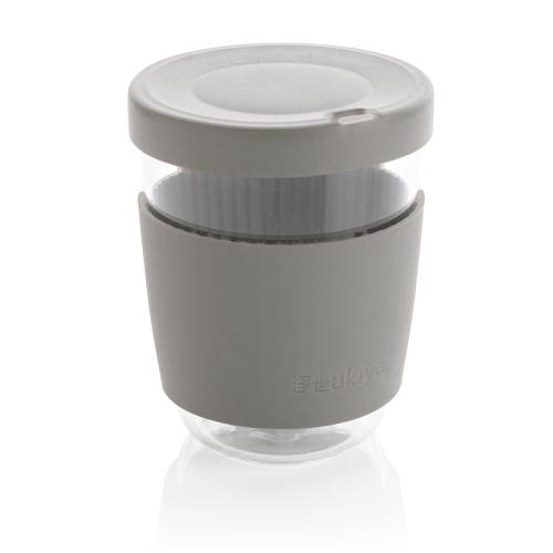 Стакан из боросиликатного стекла Ukiyo с силиконовой крышкой и держателем - серый; 