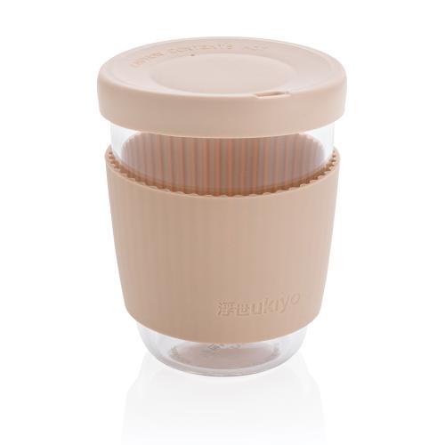 Стакан из боросиликатного стекла Ukiyo с силиконовой крышкой и держателем - коричневый; 